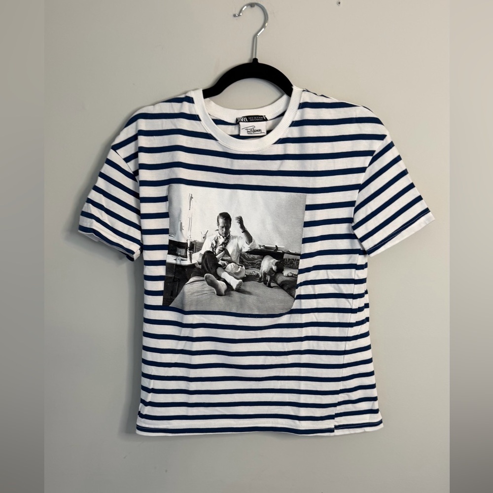 Zara rare Paul Newman + Zara collab Striped t Shirt. Blue and white stripes.